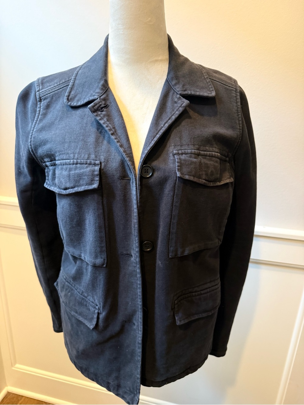 James Perse Sz 2 Vintage Black Cotton Utility Jacket with Flap Pockets